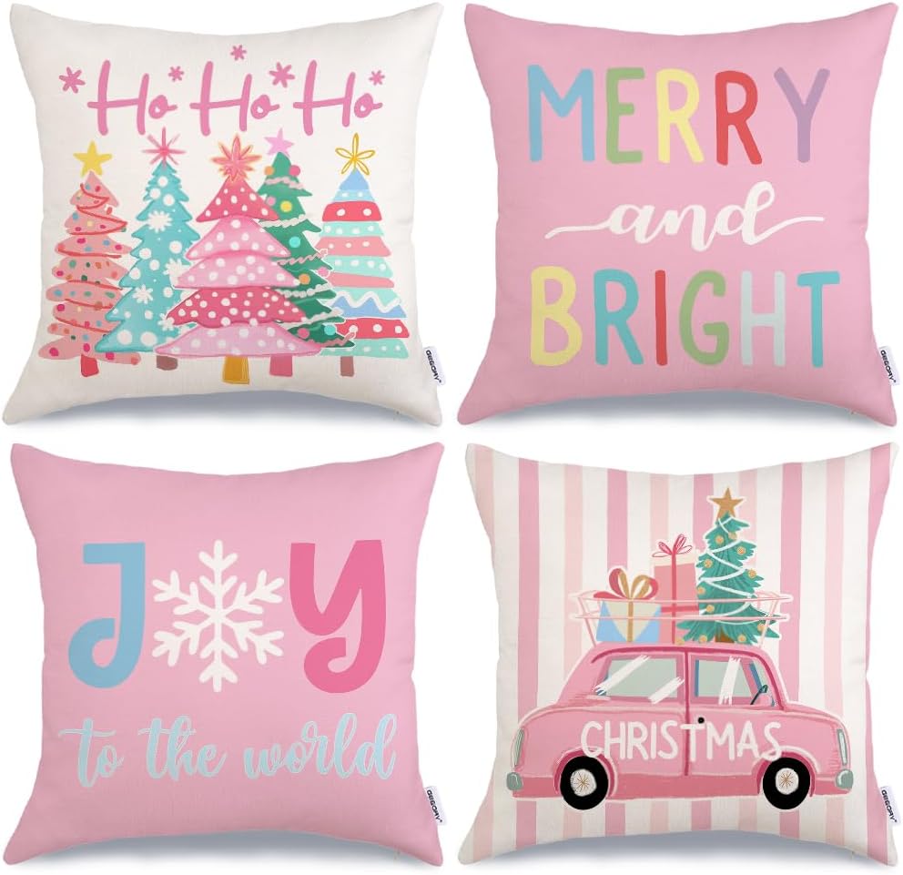 Festive Pink Farmhouse Throw Pillows Set